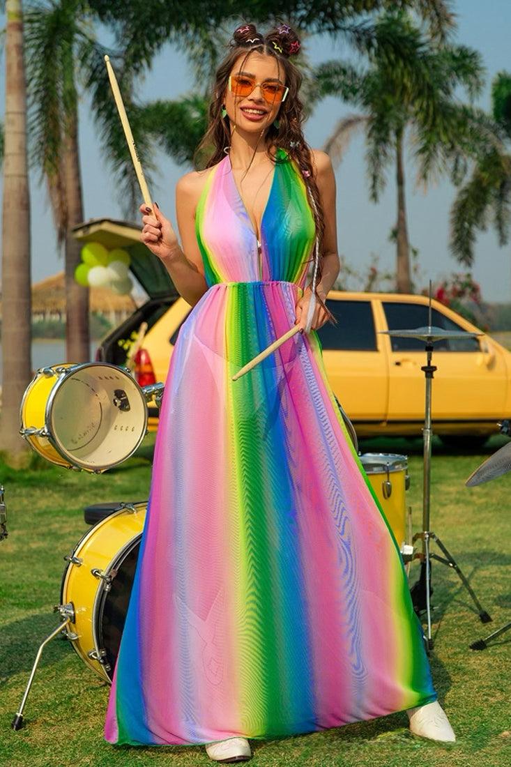 Multi Rainbow Mesh Sheer Halter Sexy Maxi Cover-Up Dress