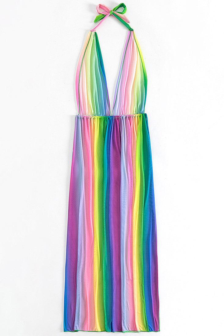 Multi Rainbow Mesh Sheer Halter Sexy Maxi Cover-Up Dress