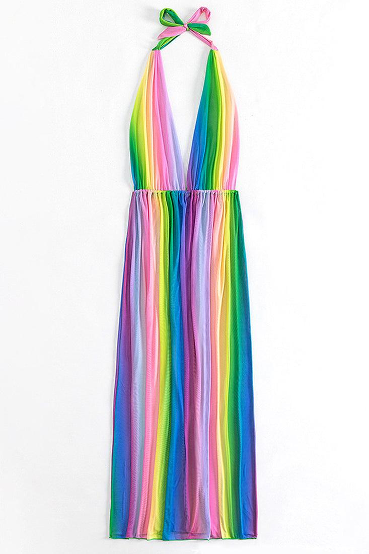 Multi Rainbow Mesh Sheer Halter Sexy Maxi Cover-Up Dress