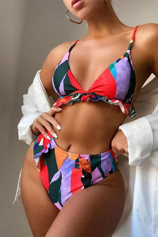 Multi Sleeveless Ruffled Two Piece Swimsuit