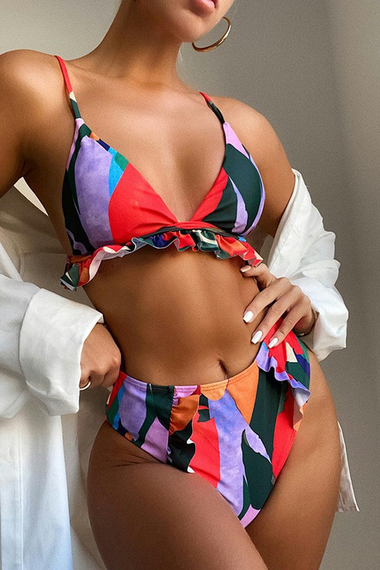 Multi Sleeveless Ruffled Two Piece Swimsuit