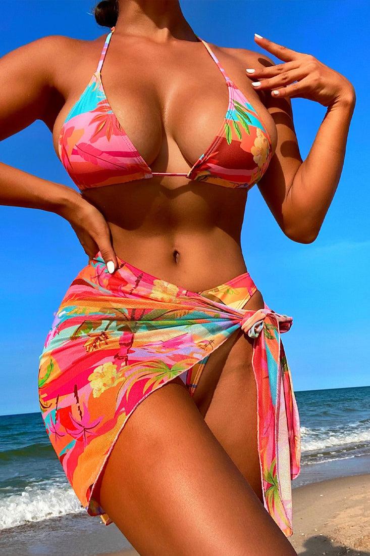 Multi Tropical Vacation Print Triangle Cheeky 3 Pc Swimsuit Set Bikini