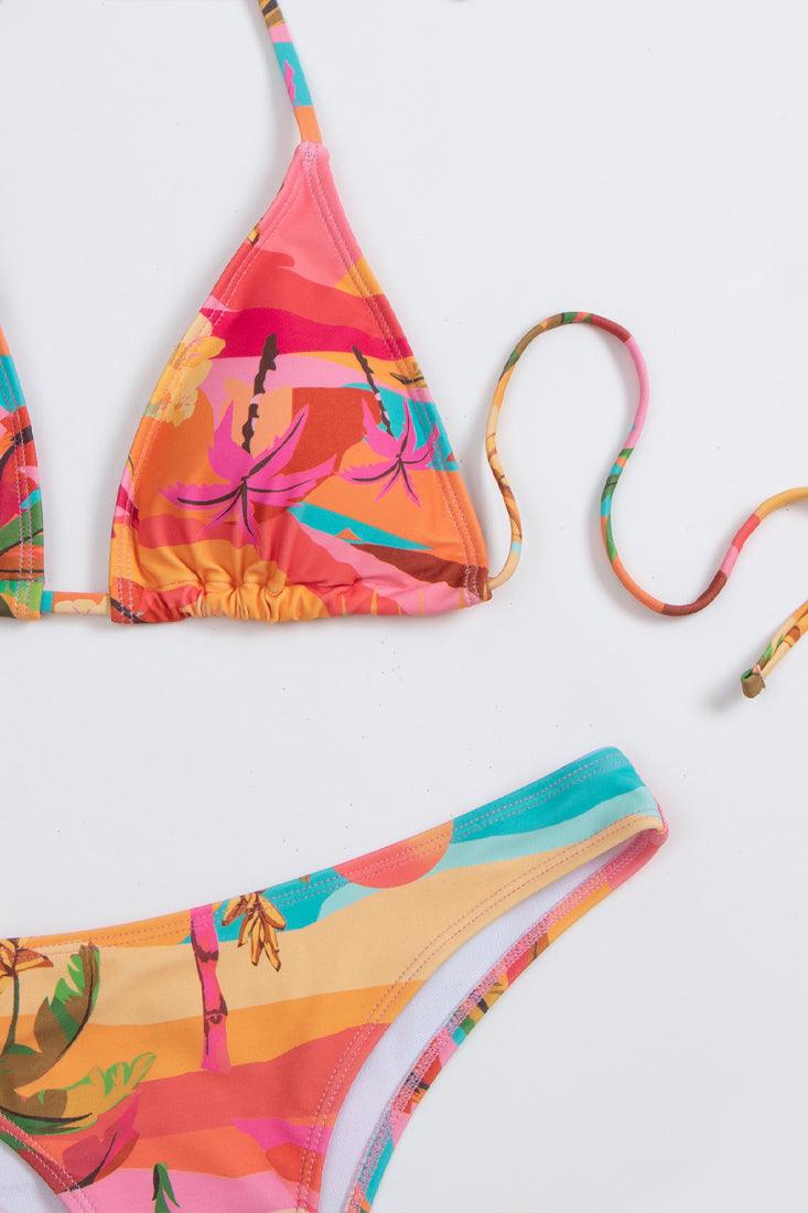 Multi Tropical Vacation Print Triangle Cheeky 3 Pc Swimsuit Set Bikini