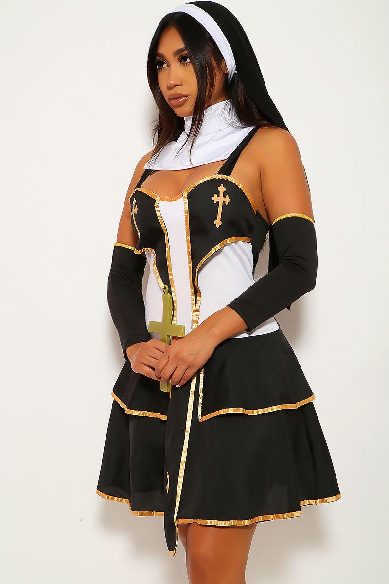 Naughty Black White Gold Sexy Nun 5 Pc. Costume Set