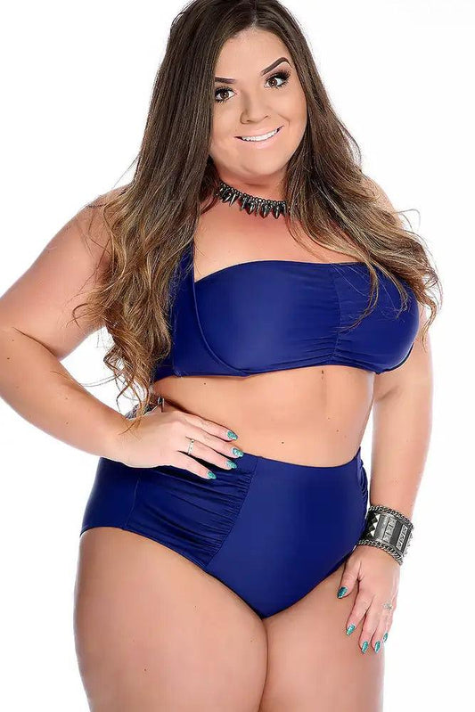 Navy Bold Halter Top Ruched High Waist Two Piece Swimsuit Plus - Babewear