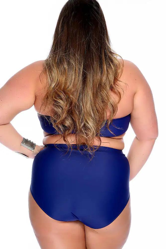 Navy Bold Halter Top Ruched High Waist Two Piece Swimsuit Plus