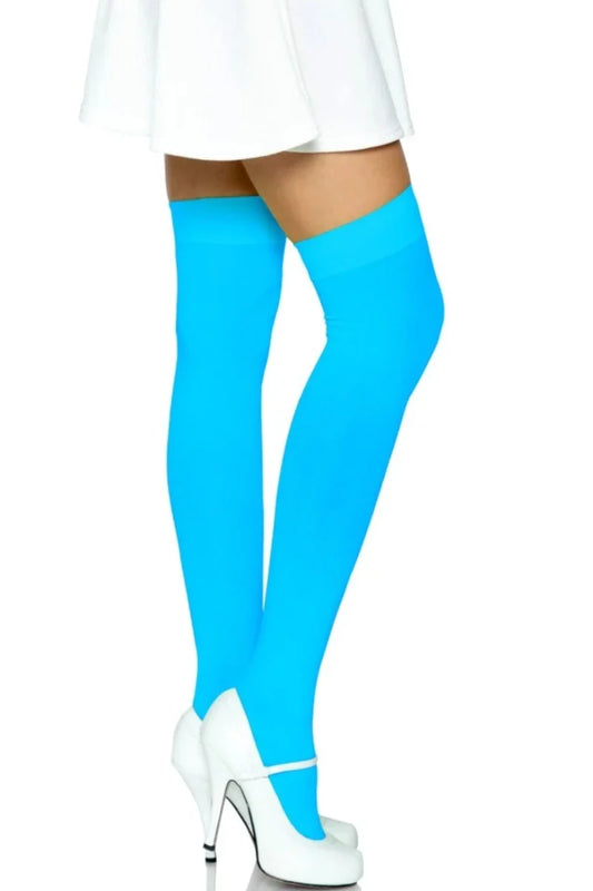 Neon Blue Opaque Nylon Thigh Highs