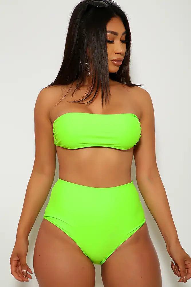 Neon Lime High Waist Bandeau Two Piece Swimsuit - Babewear