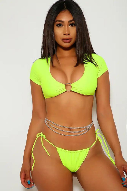 Neon Lime O-Ring Crop Top Two Piece Swimsuit