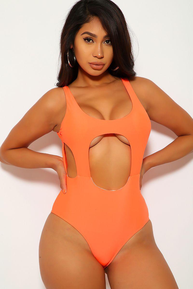 Neon Orange Cut Out Cheeky One Piece Swimsuit