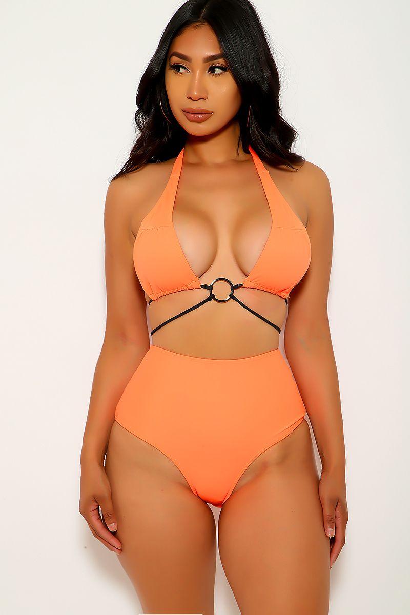 Neon Orange O-Ring Strappy Two Piece Swimsuit - Babewear