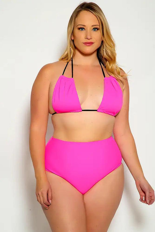 Neon Pink Black Plus Size Strappy Halter High Waist Two Piece Swimsuit - Babewear