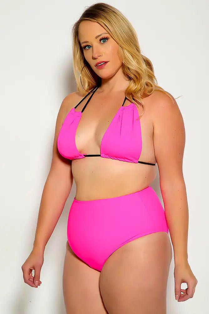 Neon Pink Black Plus Size Strappy Halter High Waist Two Piece Swimsuit