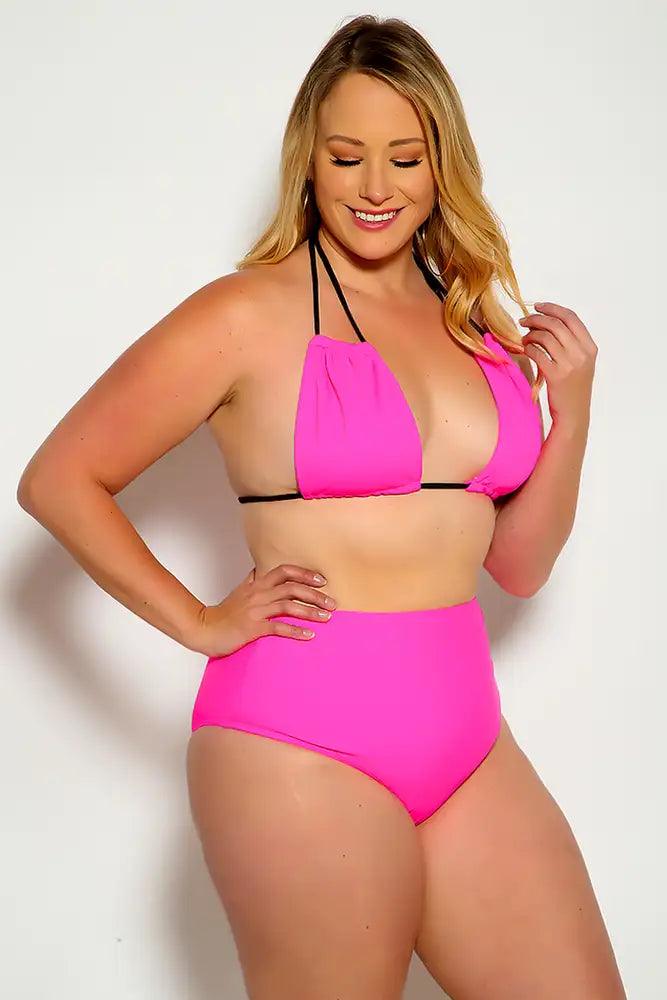 Neon Pink Black Plus Size Strappy Halter High Waist Two Piece Swimsuit