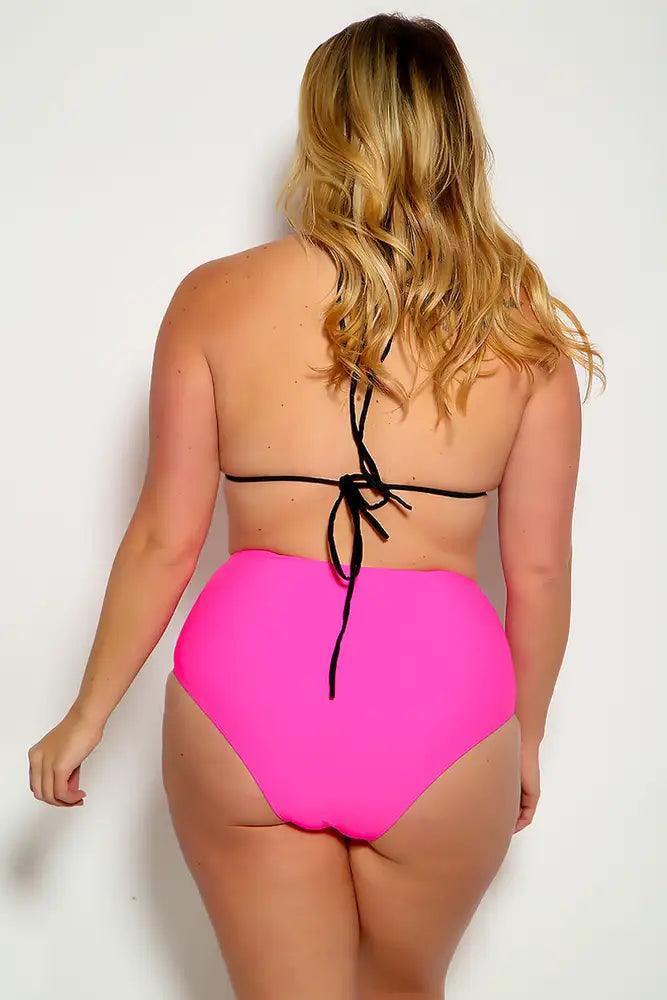 Neon Pink Black Plus Size Strappy Halter High Waist Two Piece Swimsuit