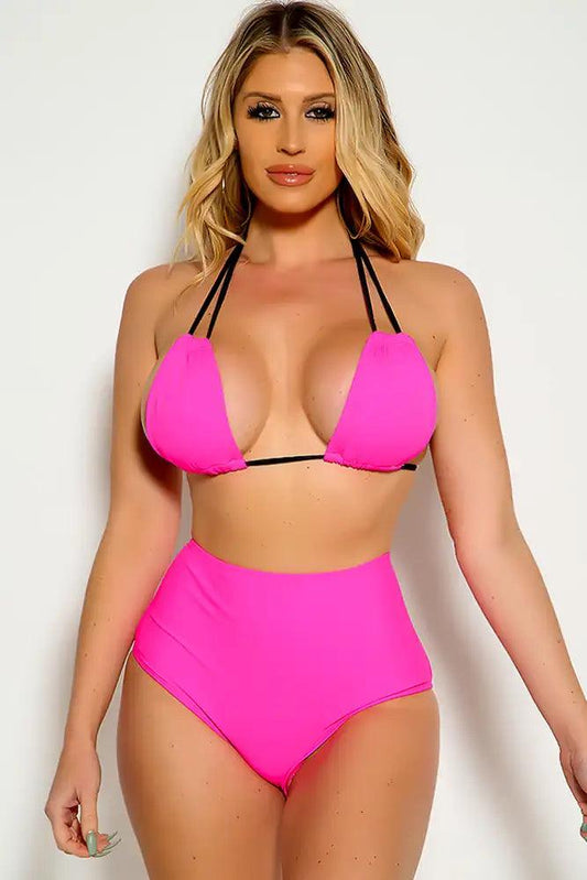 Neon Pink Black Strappy Halter High Waist Two Piece Swimsuit - Babewear