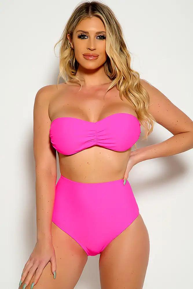 Neon Pink Strapless Bandeau High Waist Two Piece Swimsuit - Babewear