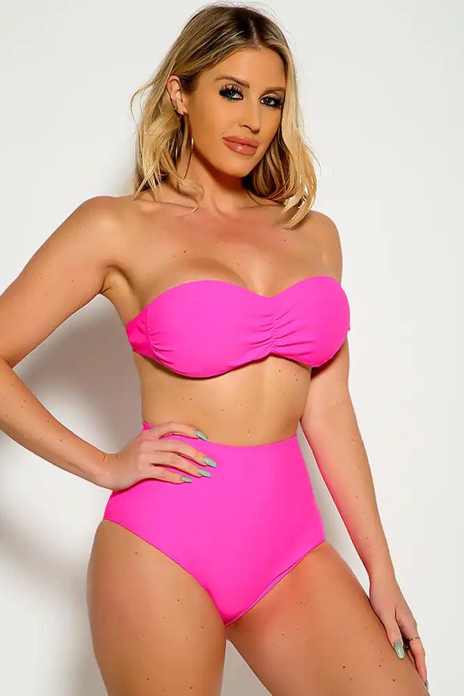 Neon Pink Strapless Bandeau High Waist Two Piece Swimsuit