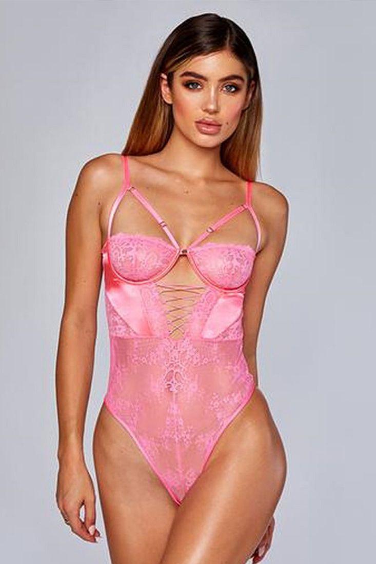 Neon Pink Wired Boned Corset Mesh Lace Teddy