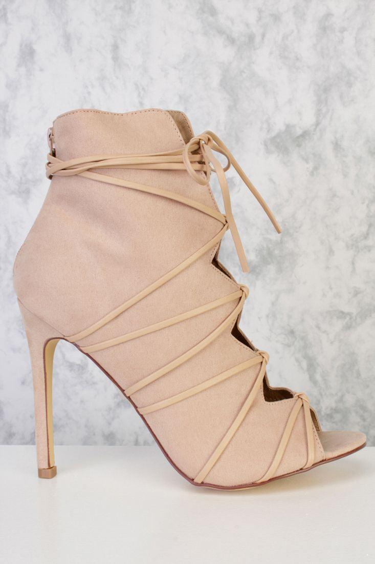 Nude Knotted Wrap Around Lace Peep Toe Single Sole High Heel Booties Suede