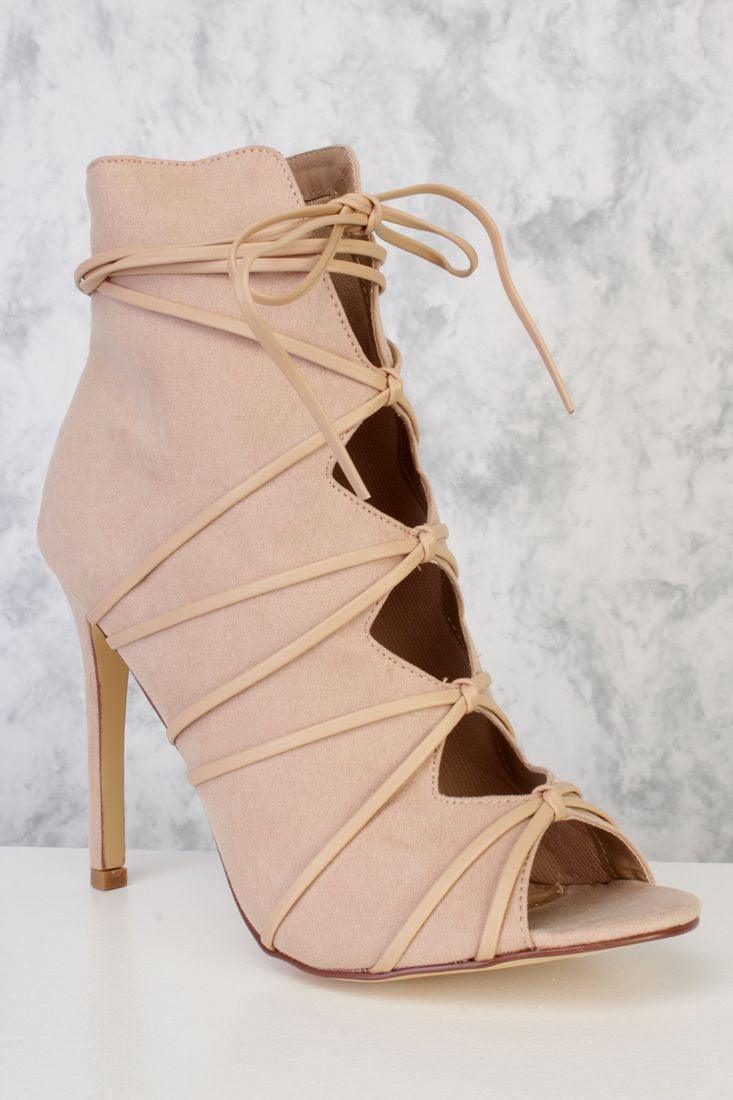 Nude Knotted Wrap Around Lace Peep Toe Single Sole High Heel Booties Suede