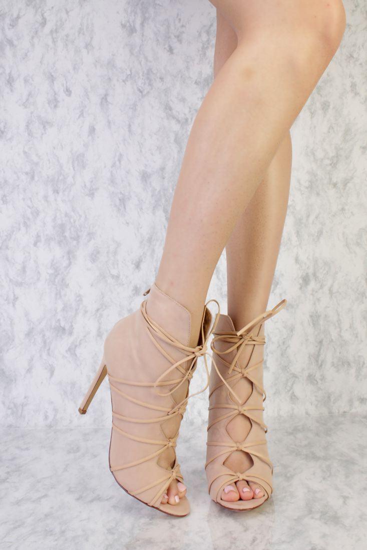 Nude Knotted Wrap Around Lace Peep Toe Single Sole High Heel Booties Suede