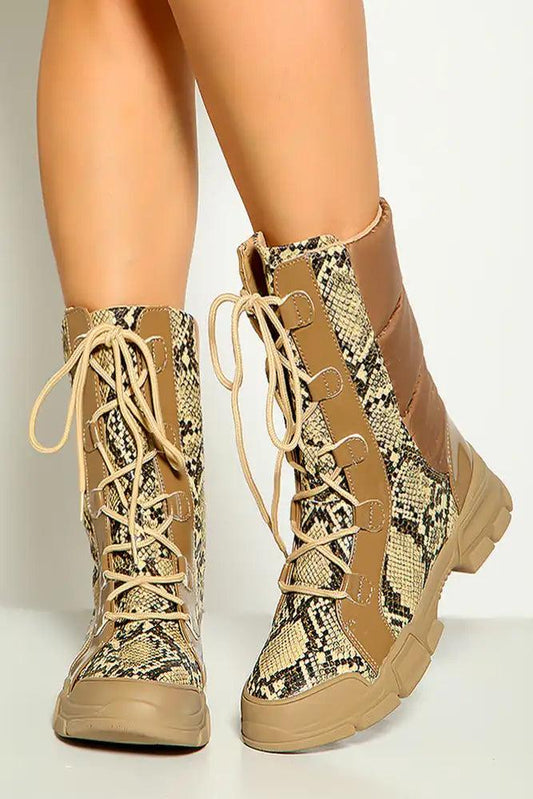 Nude Snake Print Lace Up Combat Boots - Babewear