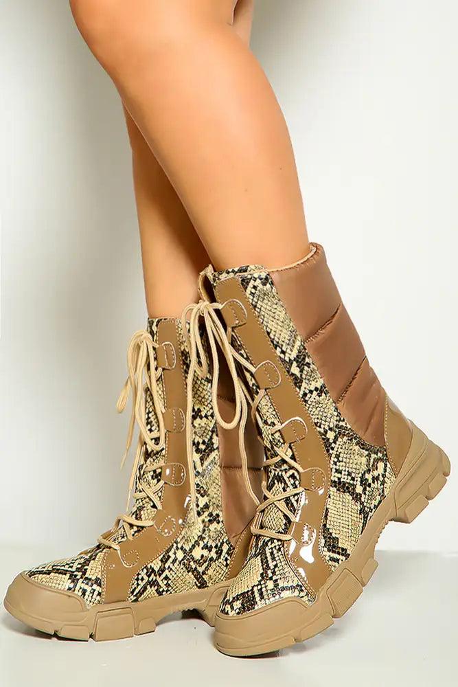 Nude Snake Print Lace Up Combat Boots