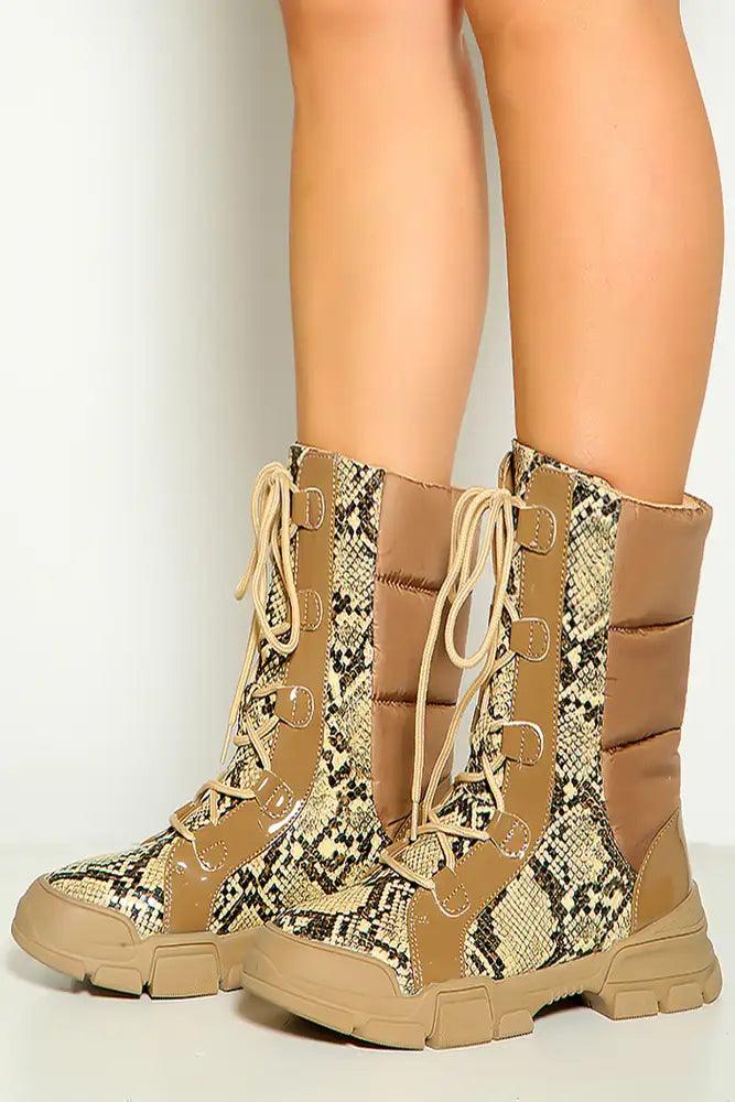 Nude Snake Print Lace Up Combat Boots