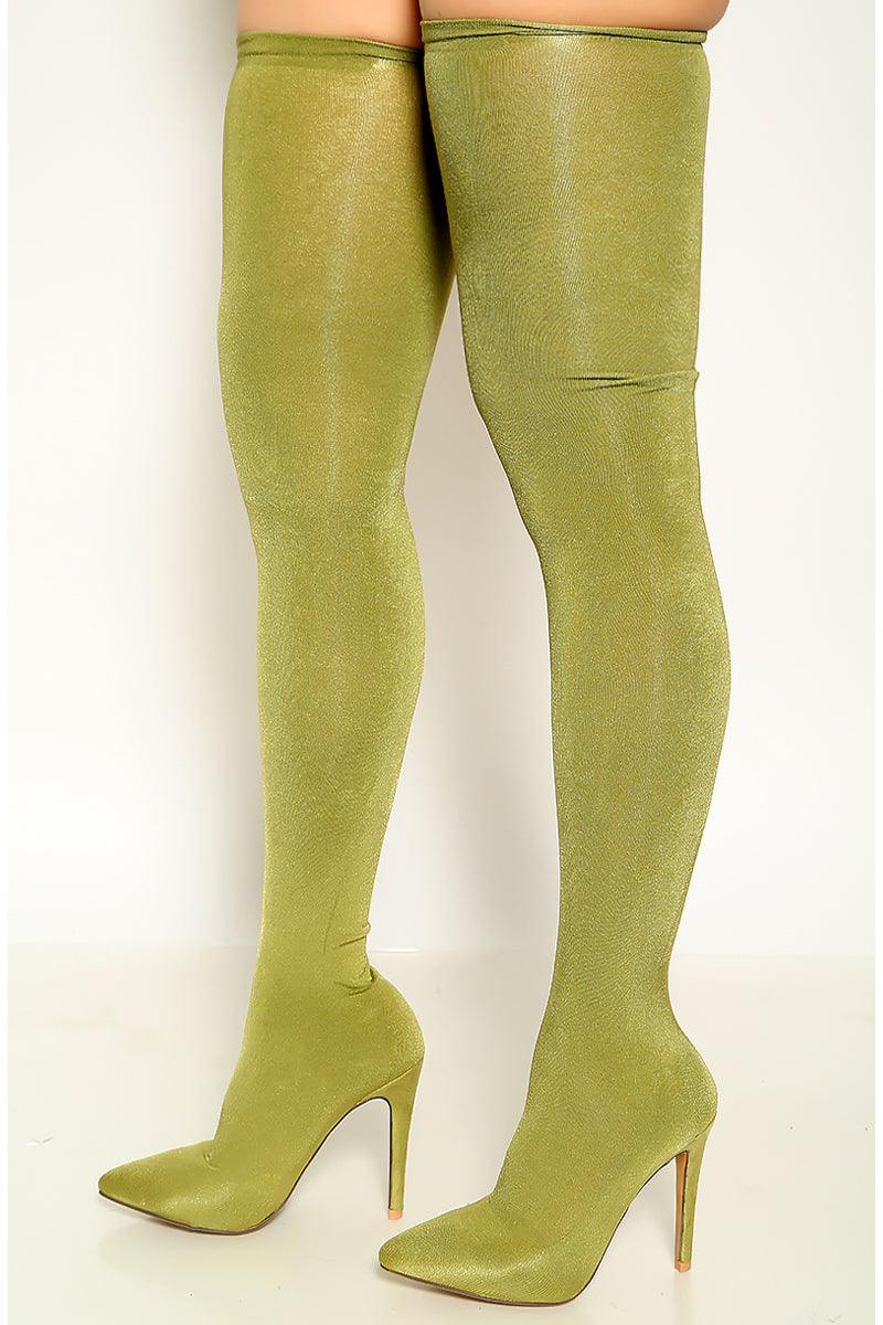 Olive Pointy Toe Mesh Sexy Single Sole Thigh High Heel Boots