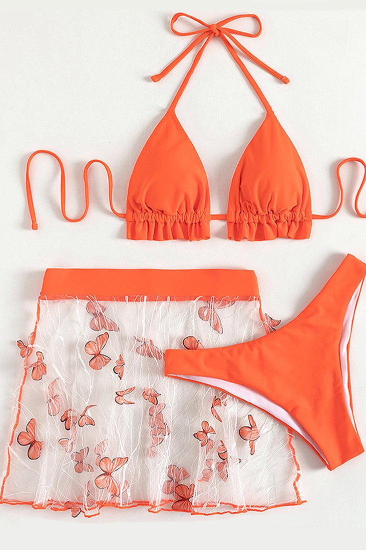 Orange Butterfly Print Ruffled Three Piece Swimsuit