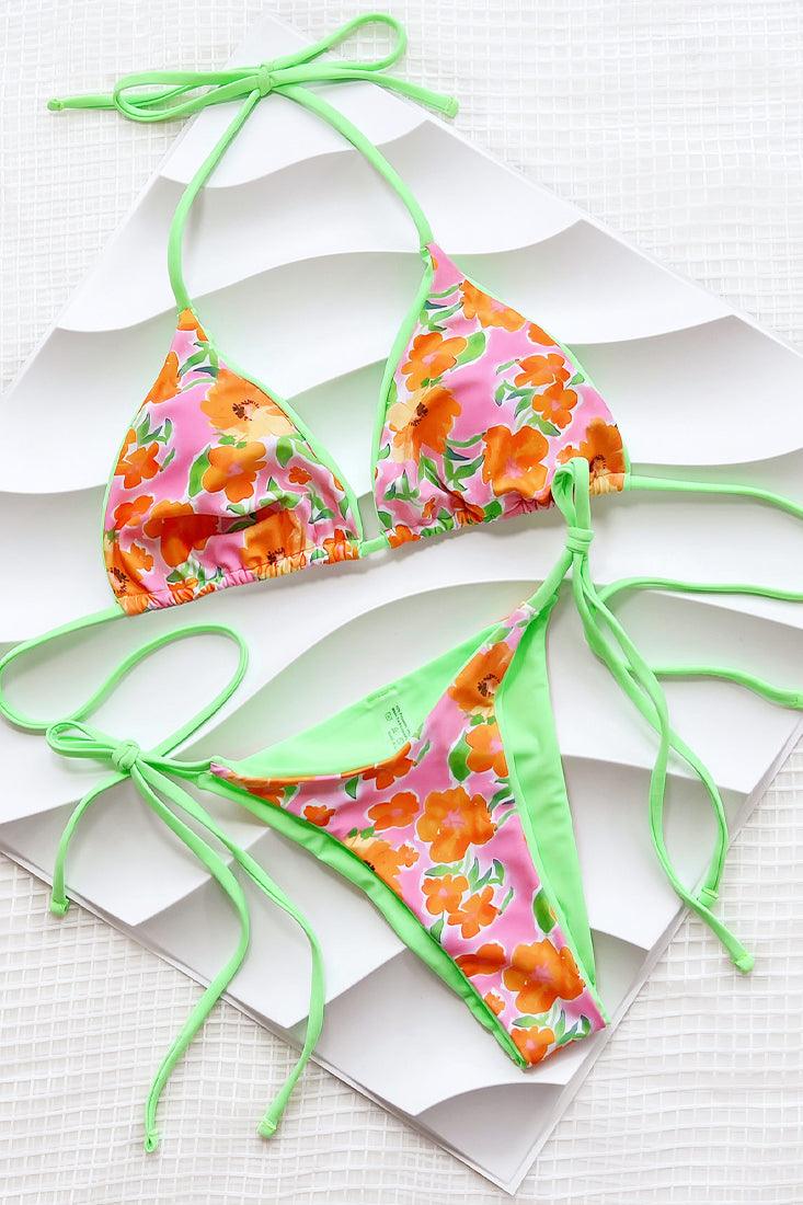 Orange Floral Lime Reversible Triangle Cheeky 2Pc Swimsuit Set