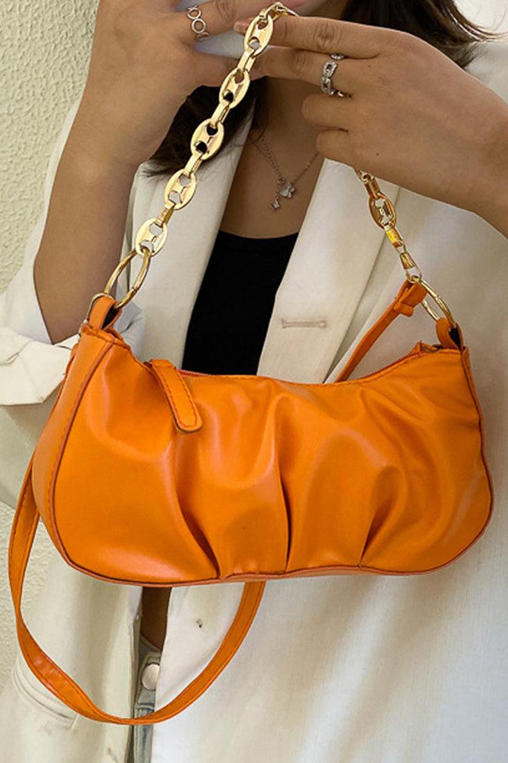 Orange Gold Chain Strap Ruched Cross Body Hand Bag