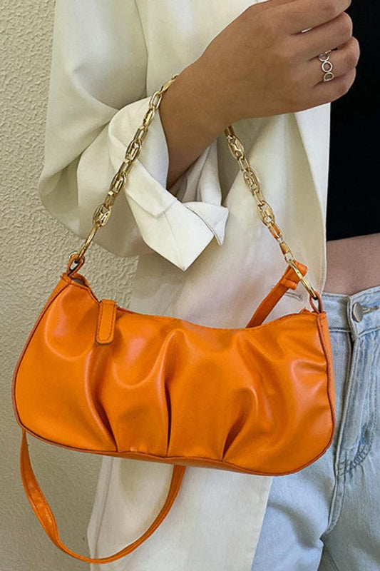 Orange Gold Chain Strap Ruched Cross Body Hand Bag