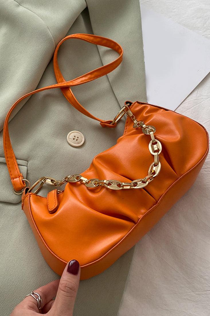 Orange Gold Chain Strap Ruched Cross Body Hand Bag