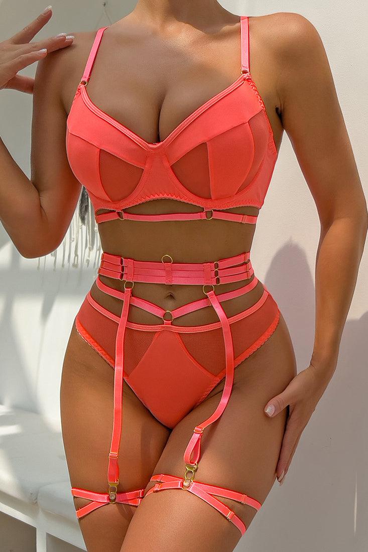 Orange Strappy Mesh Cut-Out Garter Belt Thong Bra 5Pc Sexy Lingerie Set