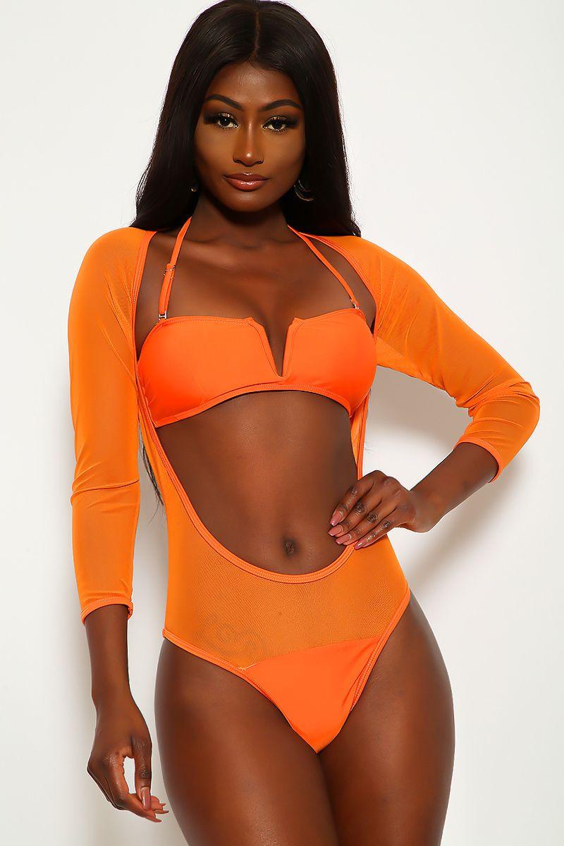 Orange V-Wire Long Sleeves Two Piece Swimsuit