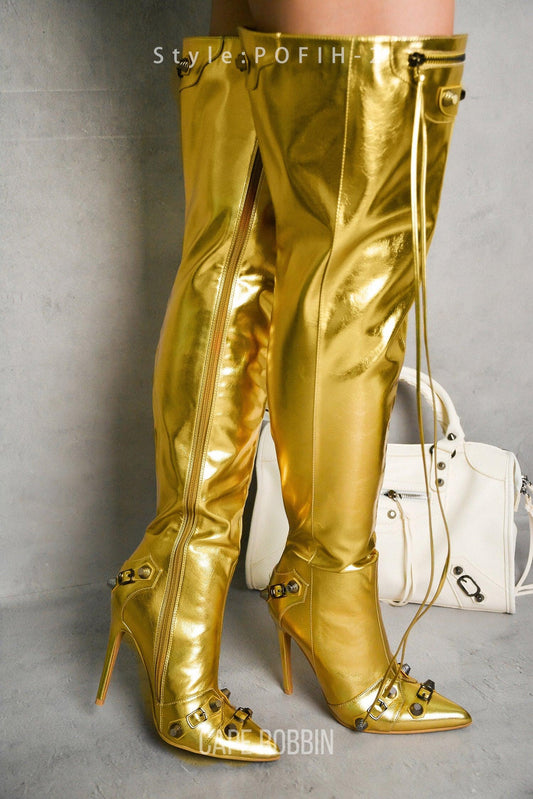 POFIN-2 - GOLD Thigh High Boots - Babewear