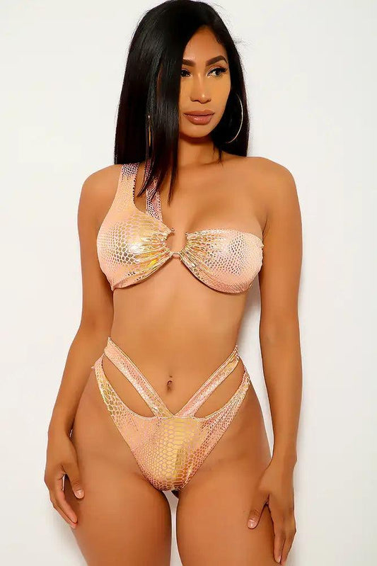 Peach Gold Metallic Two Piece Swimsuit - Babewear