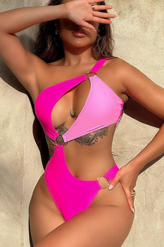 Pink Color Block One Shoulder Ring 1pc Cut Out Monokini Swimsuit