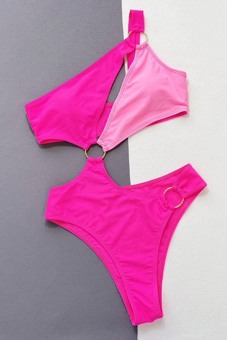 Pink Color Block One Shoulder Ring 1pc Cut Out Monokini Swimsuit