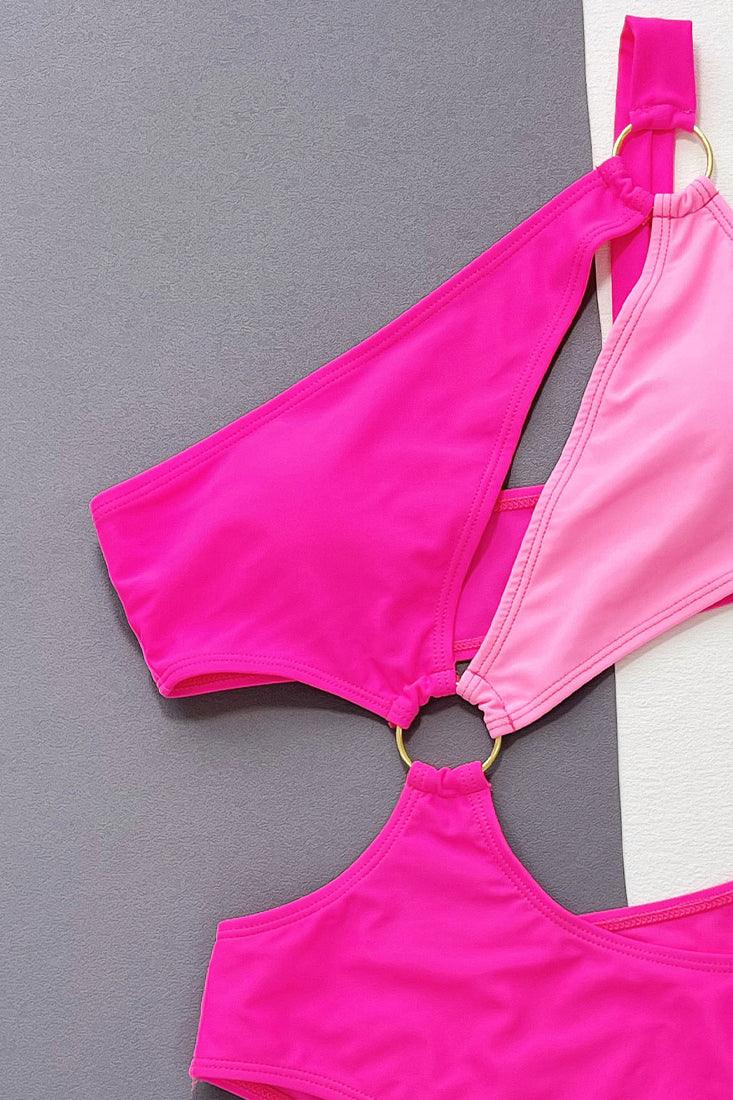 Pink Color Block One Shoulder Ring 1pc Cut Out Monokini Swimsuit