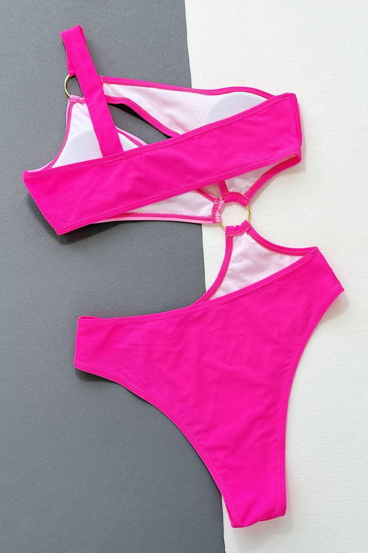 Pink Color Block One Shoulder Ring 1pc Cut Out Monokini Swimsuit