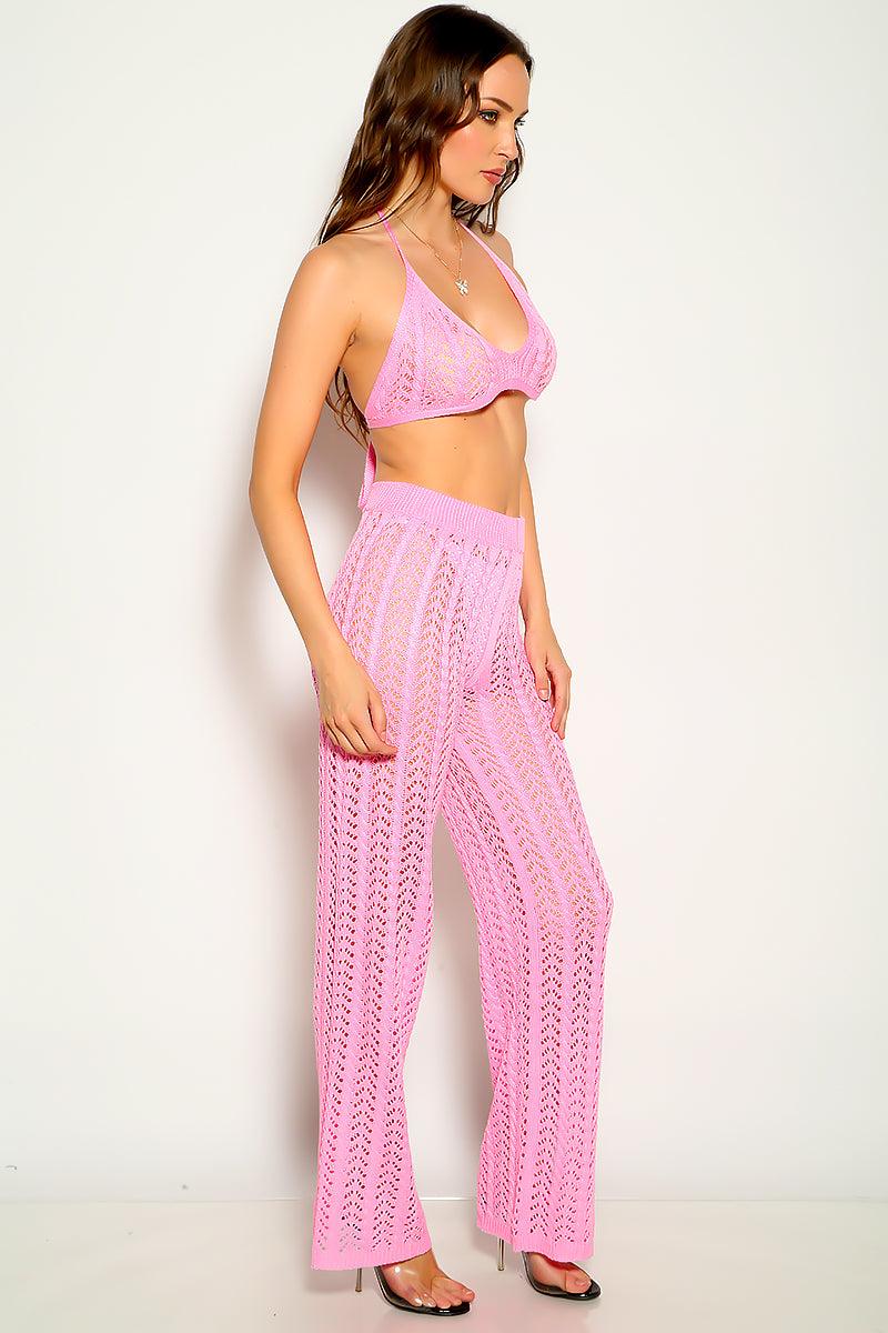 Pink Crochet Sleeveless Halter Two Piece Outfit