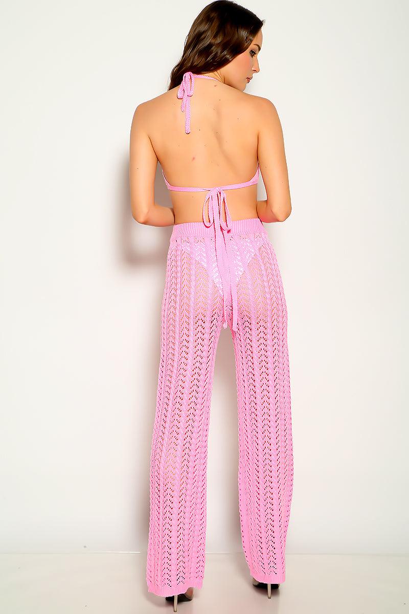 Pink Crochet Sleeveless Halter Two Piece Outfit