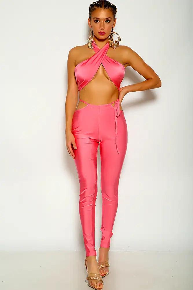 Pink Cross Halter Side Tie Two Piece Outfit - Babewear