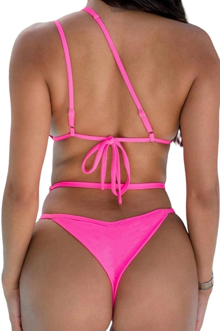 Pink Designer Rhinestone Buckle One Shoulder Cut-Out Cheeky 2Pc Swimsuit Bikini