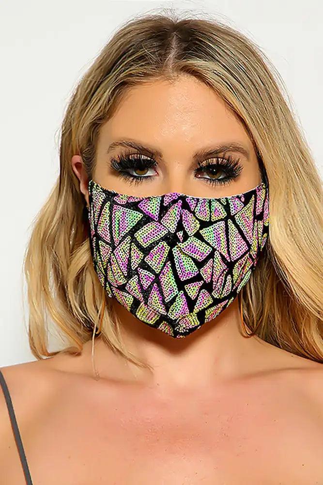 Pink Lime Two Tone Sequin Geometric Print Fashion Mask - Babewear