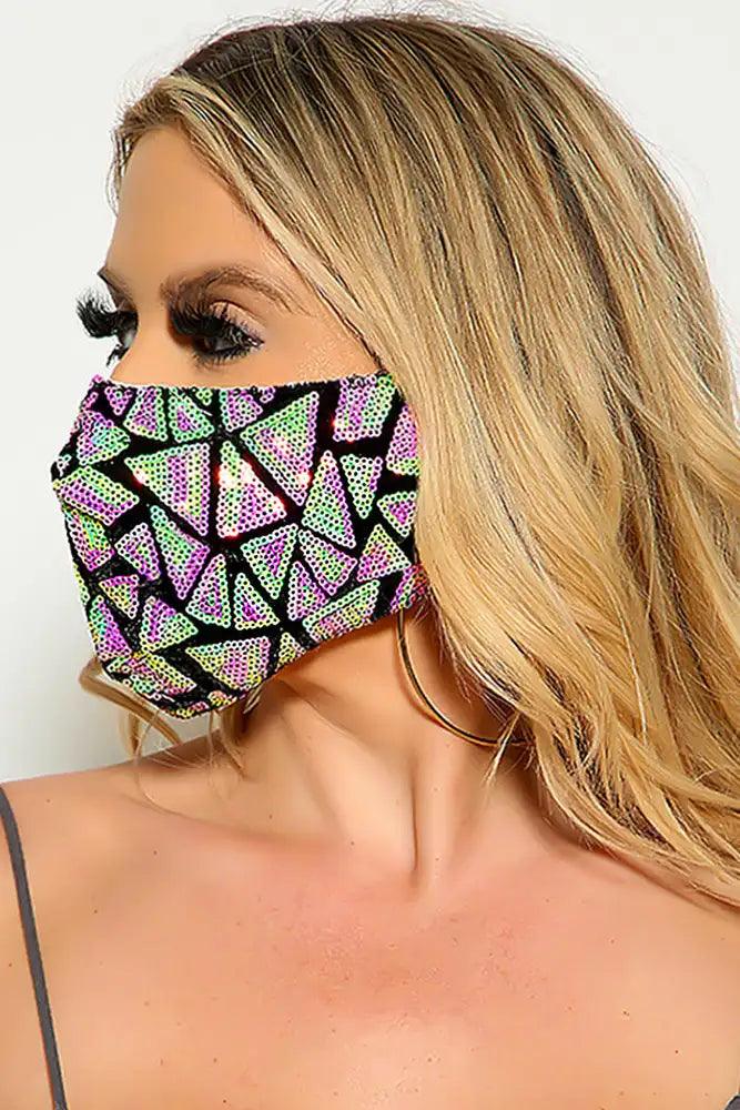 Pink Lime Two Tone Sequin Geometric Print Fashion Mask