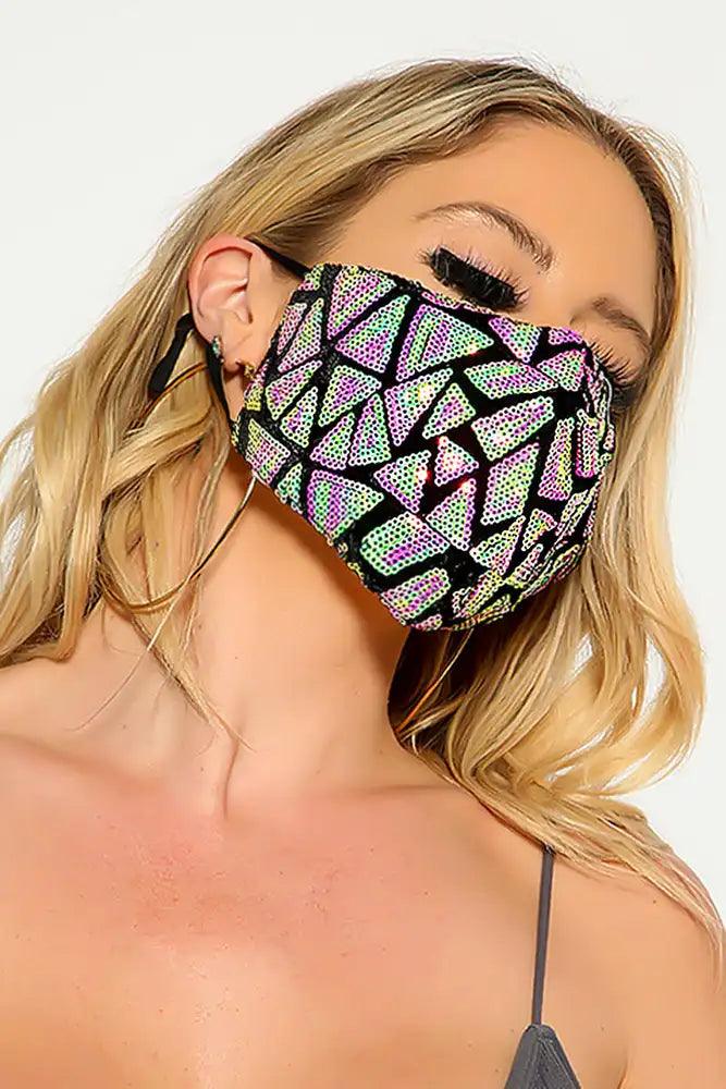 Pink Lime Two Tone Sequin Geometric Print Fashion Mask